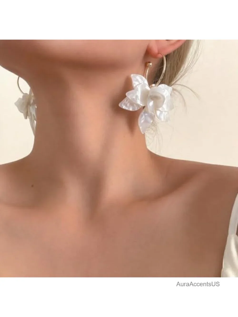 Large White Flower Dangle Earrings Gold Hoop Floral Drop Earrings Lightweight